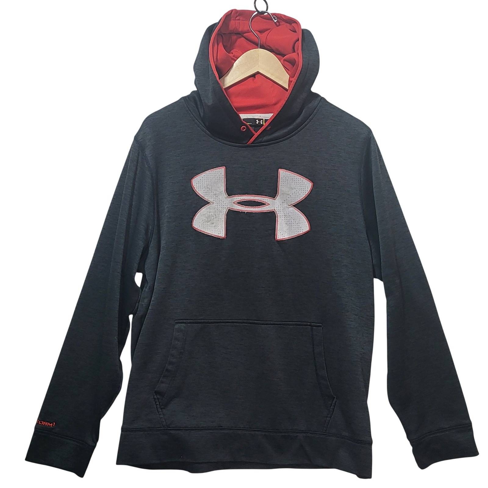 Under Armour Storm Hoodie Mens Large Gray Red Loose Fit Water Resistant Pullover